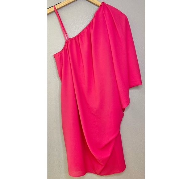 NWT Aidan Mattox One Shoulder Draped Flowy Lip Pink Mini Dress Party Bright Bold - Picture 8 of 9